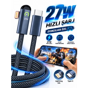 PLATOON PL-8800 1MT 27W Type-C to iPhone Lightning Örgülü Oyuncu – Gamer Hızlı Şarj Data Kablosu
