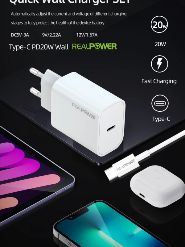 Realpower 20W Seyahat Şarj Aleti + Type-c den Lightning Kablo RP-CG20C