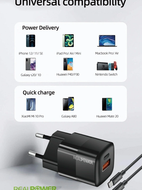 Realpower 33W GAN Siyah Seyahat Hızlı Şarj Aleti + Type-c den Type-c Kablo RP-CG33CB