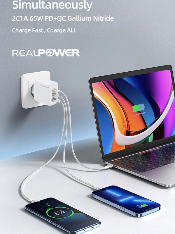 Realpower 65W GAN Siyah Seyahat Hızlı Şarj Aleti + Type-c den Type-c Kablo RP-CG65CB