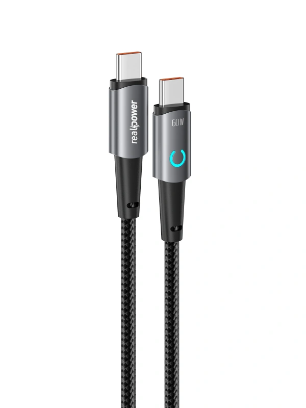 Realpower 60W USB-C - USB-C örgülü Şarj Kablosu gri (1 m) CA-60WCCGR