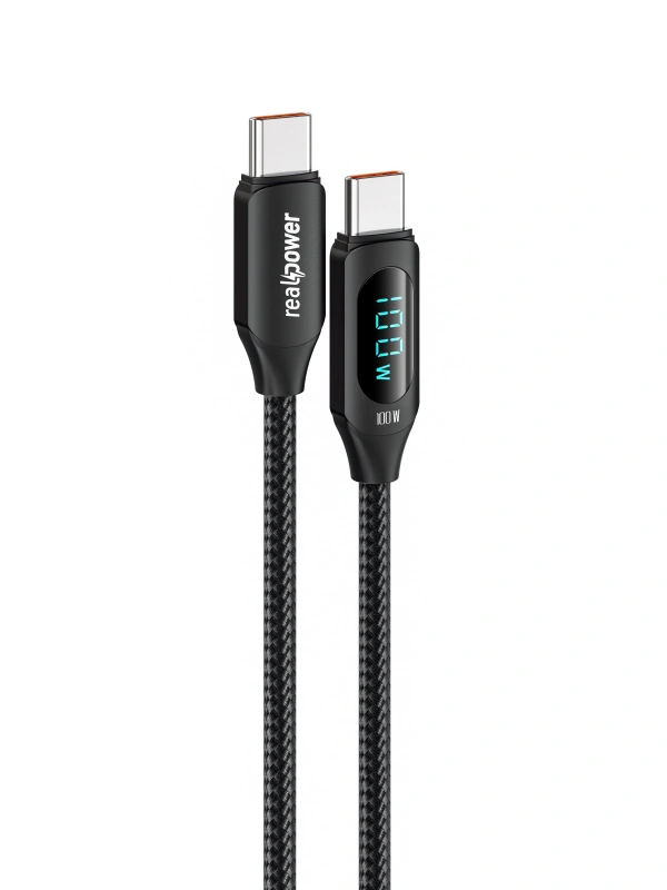 Realpower 100W USB-C - USB-C dijital göstergeli örgülü Şarj Kablosu siyah  (1 m) CA-100WCCBK