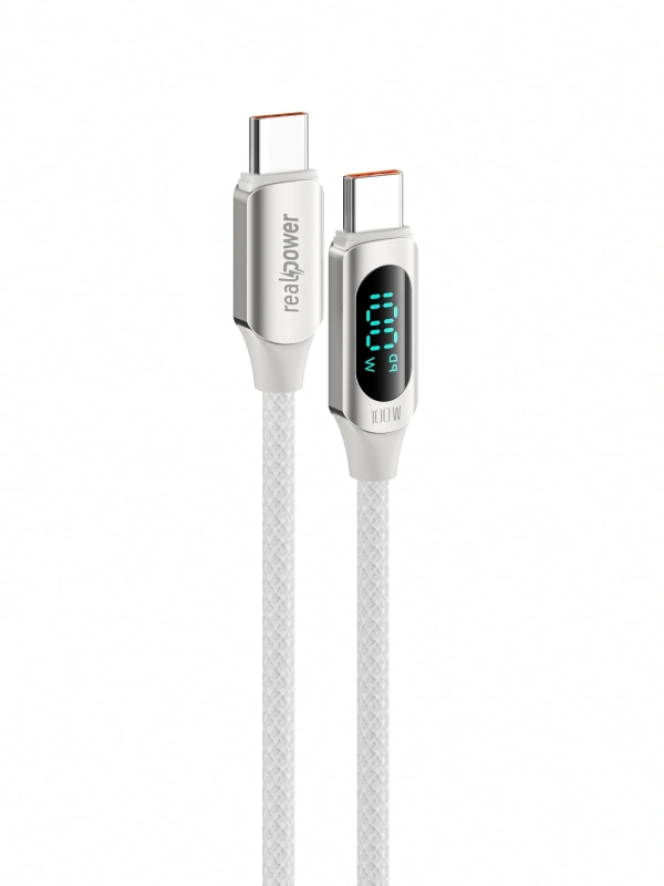 Realpower 100W USB-C - USB-C dijital göstergeli örgülü Şarj Kablosu beyaz  (1 m) CA-100WCCWH
