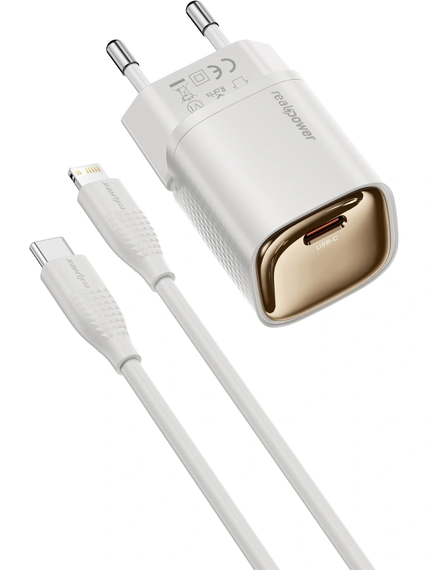 Realpower 20W GaN USB-C PD Hızlı Şarj Adaptörü Şarj Aleti ve USB-C to Lightning Hızlı Şarj Kablo Seti Beyaz TCS20WWH