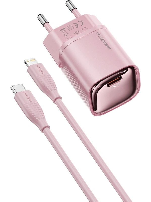 Realpower 20W GaN USB-C PD Hızlı Şarj Adaptörü Şarj Aleti ve USB-C to Lightning Hızlı Şarj Kablo Seti Pembe TCS20WPI