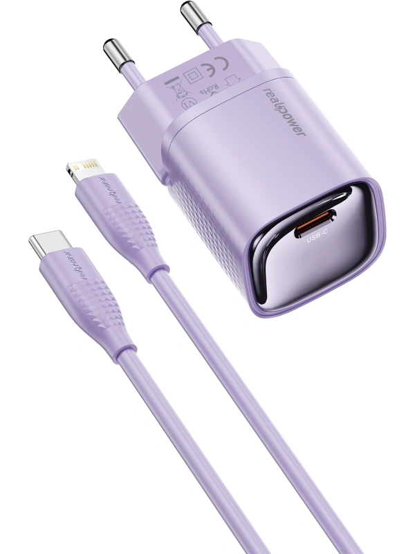 Realpower 20W GaN USB-C PD Hızlı Şarj Adaptörü Şarj Aleti ve USB-C to Lightning Hızlı Şarj Kablo Seti Mor TCS20WPU
