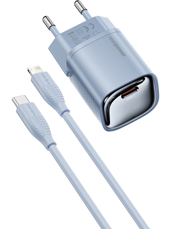 Realpower 20W GaN USB-C PD Hızlı Şarj Adaptörü Şarj Aleti ve USB-C to Lightning Hızlı Şarj Kablo Seti Mavi TCS20WBL