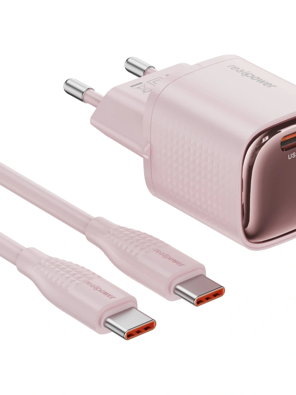 Realpower 30W GaN USB-C PD Hızlı Şarj Adaptörü Şarj Aleti ve USB-C to Lightning Hızlı Şarj Kablo Seti Pembe TCS30WPI