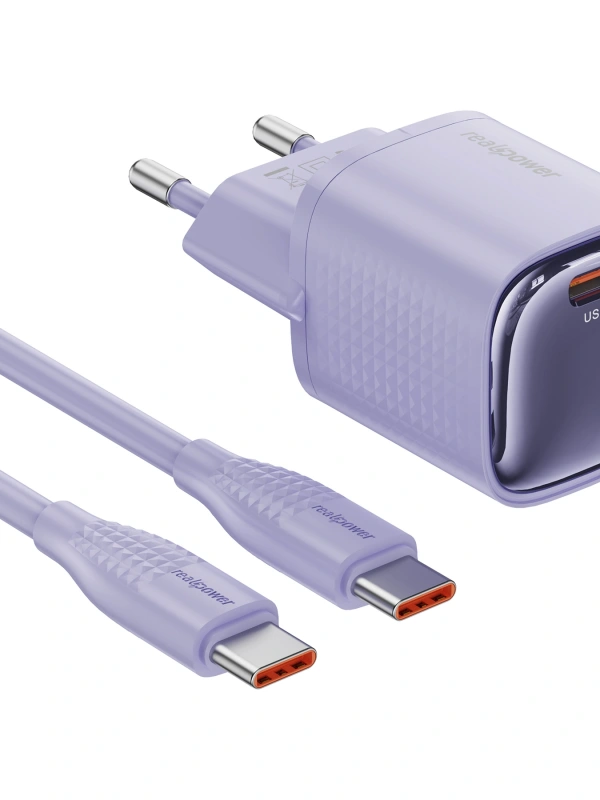 Realpower 30W GaN USB-C PD Hızlı Şarj Adaptörü Şarj Aleti ve USB-C to Lightning Hızlı Şarj Kablo Seti Mor TCS30WPU