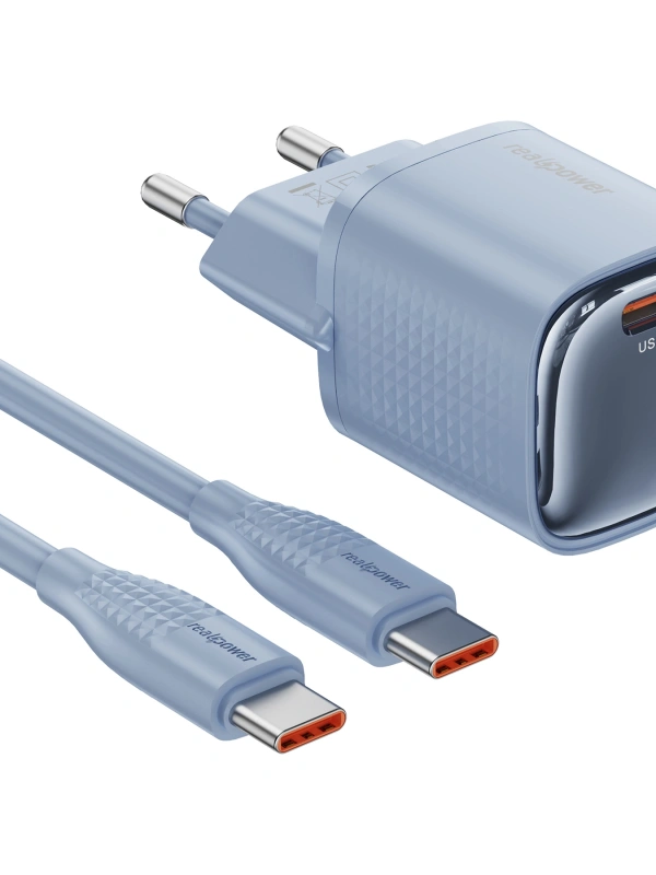 Realpower 30W GaN USB-C PD Hızlı Şarj Adaptörü Şarj Aleti ve USB-C to Lightning Hızlı Şarj Kablo Seti Mavi TCS30WBL