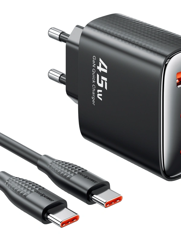 Realpower 45W GaN 3 Çıkışlı USB-C1/C2/A PD Hızlı Şarj Adaptörü Şarj Aleti ve 60W USB-C to USB-C Kablo Seti Siyah TCS45WBK