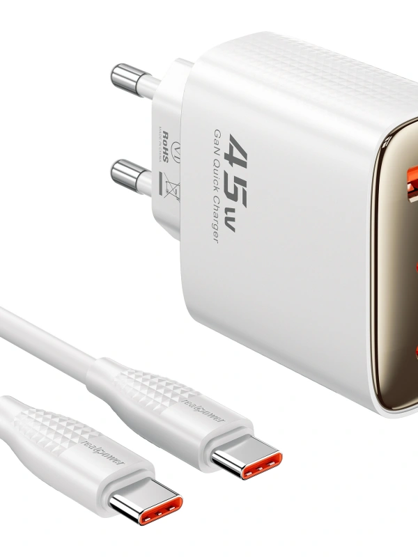 Realpower 45W GaN 3 Çıkışlı USB-C1/C2/A PD Hızlı Şarj Adaptörü Şarj Aleti ve 60W USB-C to USB-C Kablo Seti Beyaz TCS45WBK