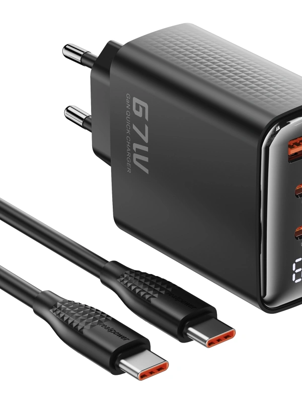Realpower 67W GaN 3 Çıkışlı USB-C1/C2/A Dijital Göstergeli PD Hızlı Şarj Adaptörü Şarj Aleti ve 100W USB-C to USB-C Kablo Seti Siyah TCS67WBK