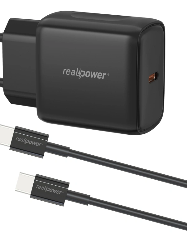 Realpower PPS 25W USB-C PD Hızlı Şarj Adaptörü Şarj Aleti ve USB-C to USB-C Hızlı Şarj Kablo Seti Siyah TCS25WBK