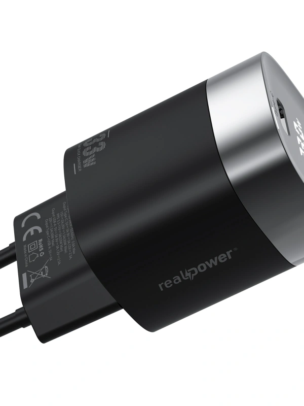 Realpower 33W GaN USB-C ve USB-A Çift Çıkışlı Dijital Göstergeli PD Hızlı Şarj Adaptörü Şarj Aleti Siyah TC33WBK