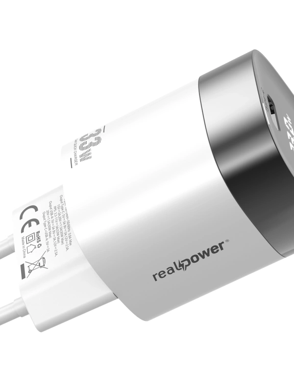 Realpower 33W GaN USB-C ve USB-A Çift Çıkışlı Dijital Göstergeli PD Hızlı Şarj Adaptörü Şarj Aleti Beyaz TC33WWH