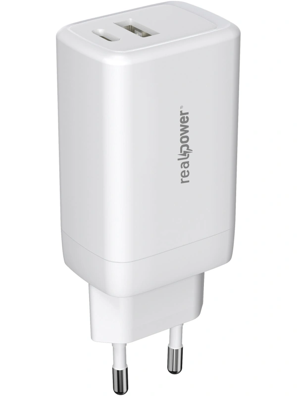 Realpower 65W GaN USB-C ve USB-A Çift Çıkışlı PD Hızlı Şarj Adaptörü Şarj Aleti Beyaz TC65WWH