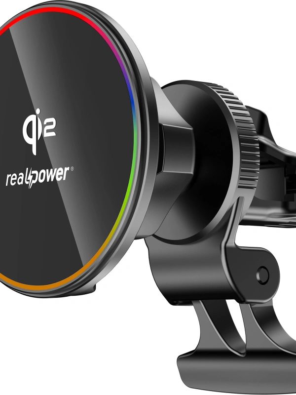 Realpower Qi2 MagSafe Araç İçi Telefon Tutucu Kablosuz Şarj Cihazı 15W Otomatik Sensörlü Ambiyans Aydınlatmalı Manyetik Hızlı Şarj Standı HL-15WQI2BK