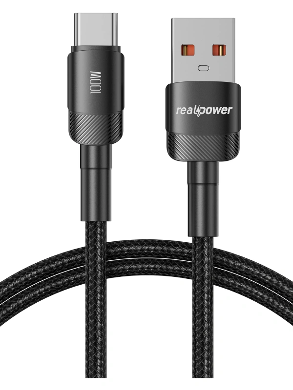 Realpower 100W USB-A to Type-C Örgülü Hızlı Şarj ve Data Kablosu 1 Metre Siyah CA-6AUCBK