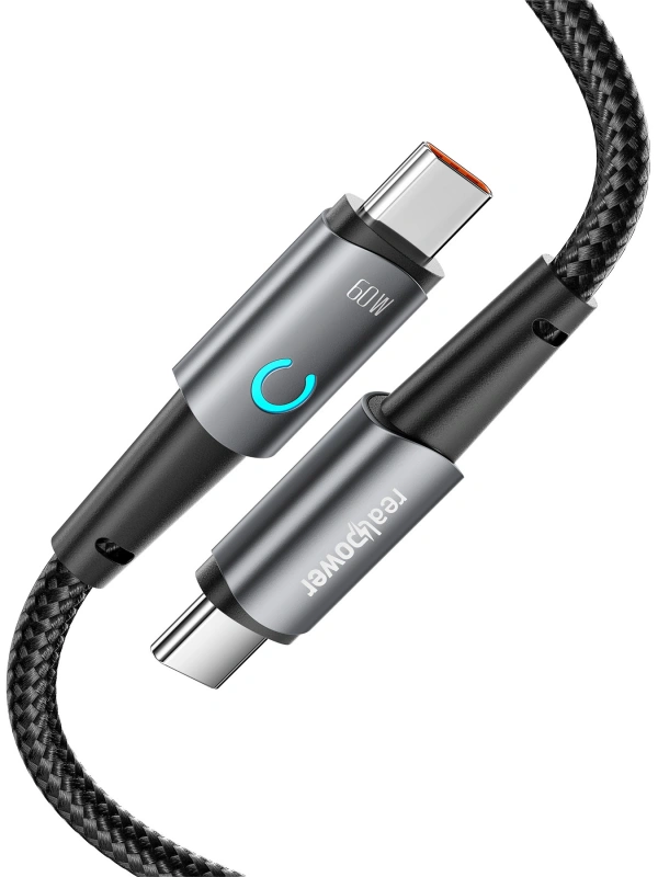 Realpower 60W USB-C to USB-C Örgülü Hızlı Şarj ve Data Kablosu 1 Metre Gri CA-60WCCGR