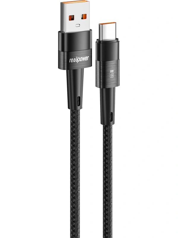 Realpower 66W USB-A to Type-C Örgülü Hızlı Şarj ve Data Kablosu 1 Metre Siyah CA-66WUCBK