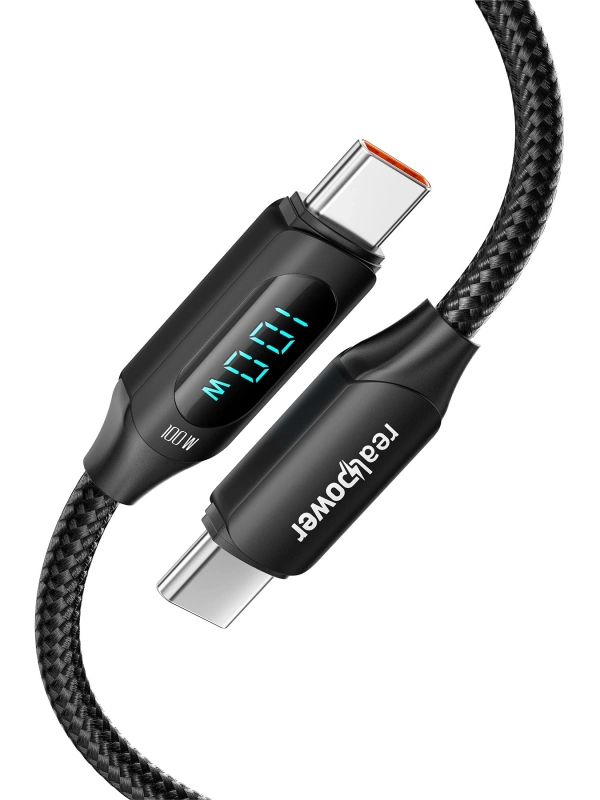 Realpower 100W USB-C to USB-C Dijital Göstergeli Örgülü Hızlı Şarj ve Data Kablosu 1 Metre Siyah CA-100WCCBK