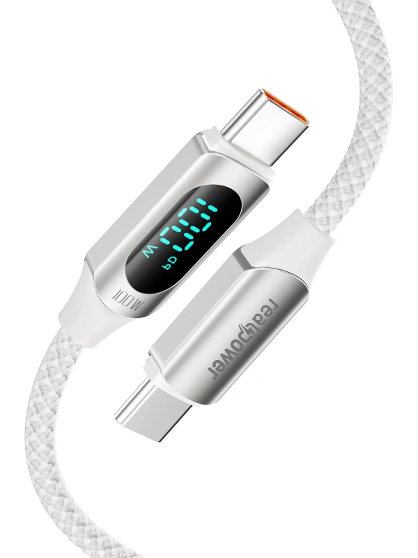 Realpower 100W USB-C to USB-C Dijital Göstergeli Örgülü Hızlı Şarj ve Data Kablosu 1 Metre Beyaz CA-100WCCWH
