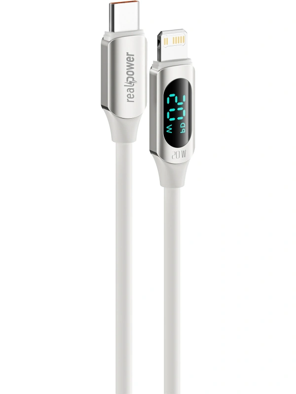 Realpower 20W USB-C to Lightning Dijital Göstergeli Örgülü Hızlı Şarj ve Data Kablosu 1 Metre Beyaz CA-20WCLWH