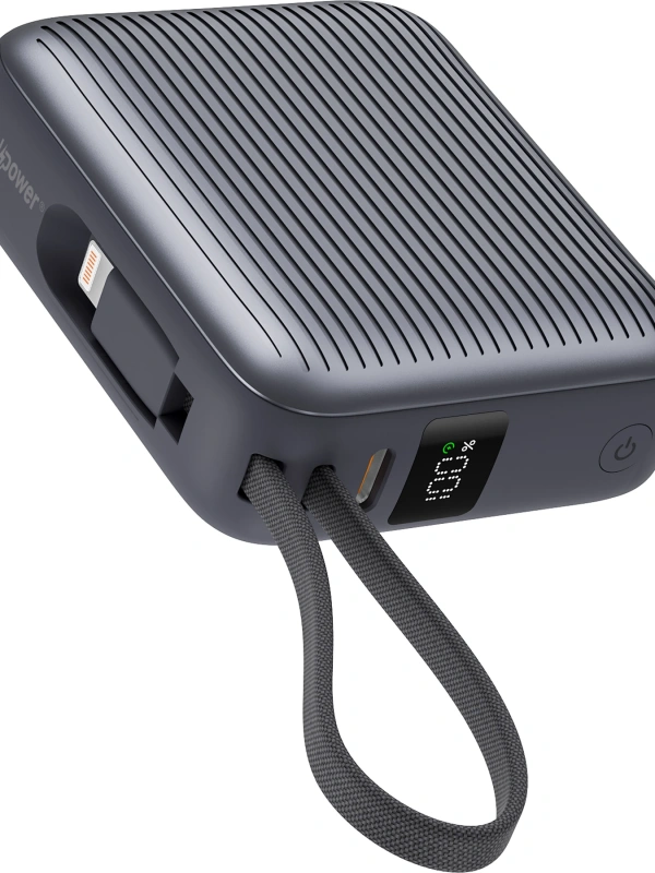 Realpower 10000mAh 22.5W Hızlı Şarj Powerbank Gri Dahili Kablolu Taşınabilir Şarj Cihazı LED Göstergeli PB10KGR