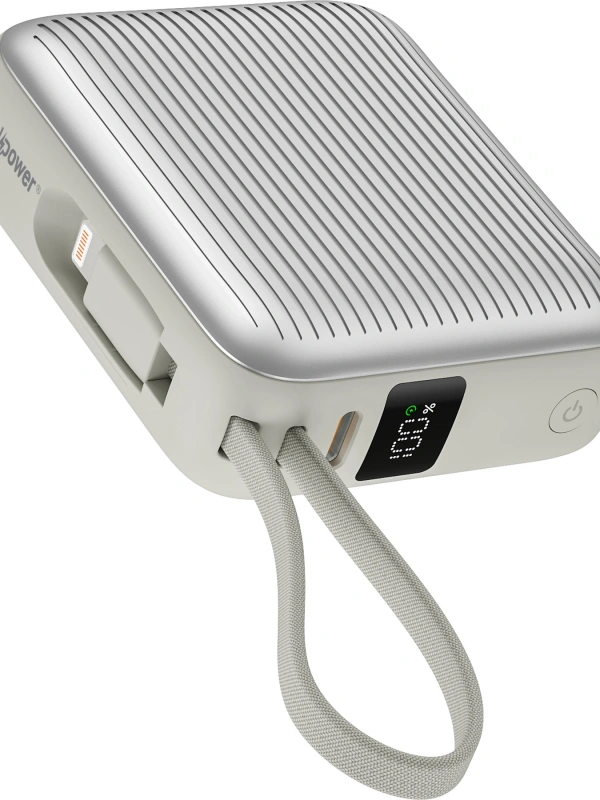 Realpower 10000mAh 22.5W Hızlı Şarj Powerbank Silver Dahili Kablolu Taşınabilir Şarj Cihazı LED Göstergeli PB10KSL