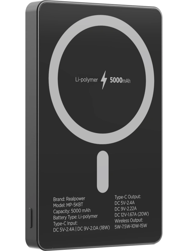 Realpower 5000mAh R Mag Air MagSafe 20W Hızlı Manyetik Kablosuz Powerbank Siyah Titanyum MP-5KBT