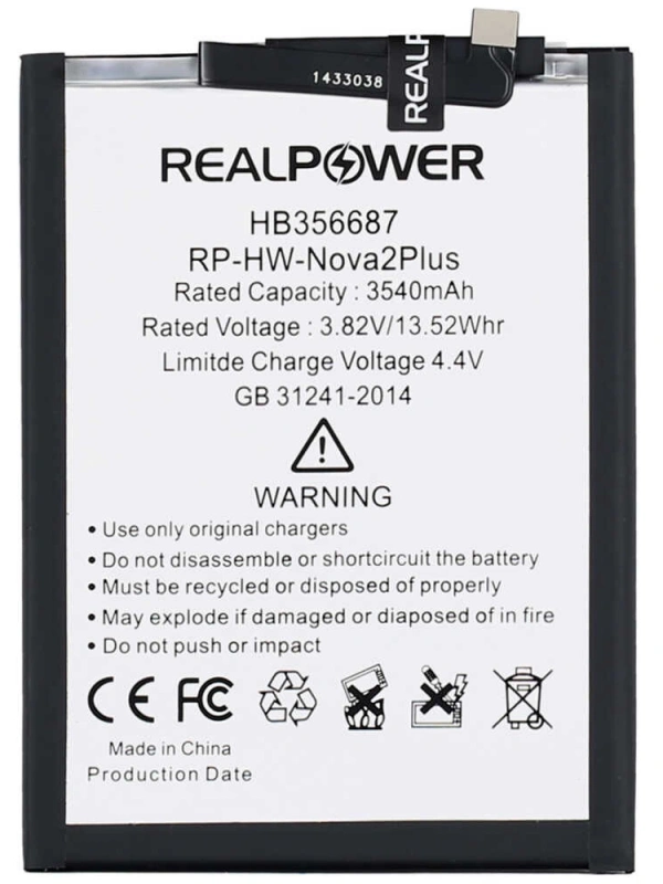RealPower Huawei Uyumlu Nova 2 Plus Batarya 3540mAh Li-Polymer Uzun Ömürlü Pil
