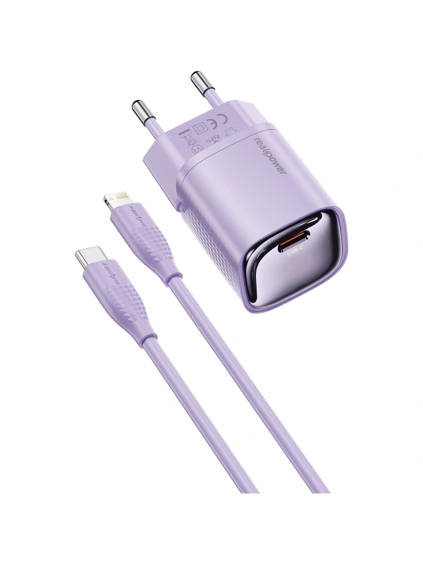 Realpower 20W GaN USB-C PD Hızlı Şarj Adaptörü Şarj Aleti ve USB-C to Lightning Hızlı Şarj Kablo Seti Mor TCS20WPU