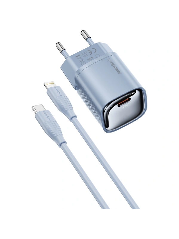 Realpower 20W GaN USB-C PD Hızlı Şarj Adaptörü Şarj Aleti ve USB-C to Lightning Hızlı Şarj Kablo Seti Mavi TCS20WBL