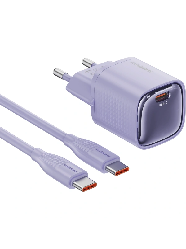 Realpower 30W GaN USB-C PD Hızlı Şarj Adaptörü Şarj Aleti ve USB-C to Lightning Hızlı Şarj Kablo Seti Mor TCS30WPU