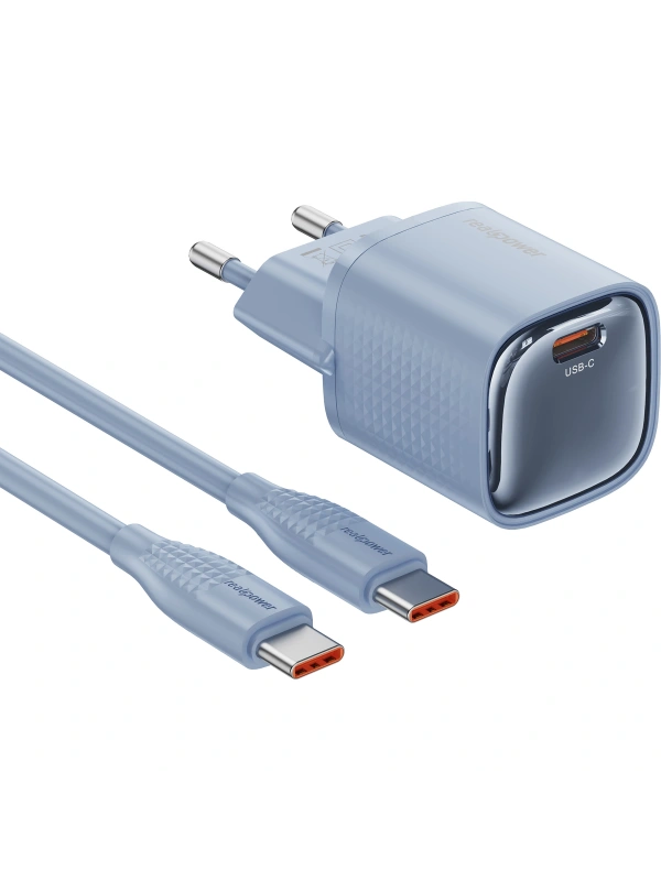 Realpower 30W GaN USB-C PD Hızlı Şarj Adaptörü Şarj Aleti ve USB-C to Lightning Hızlı Şarj Kablo Seti Mavi TCS30WBL