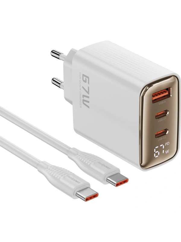 Realpower 67W GaN 3 Çıkışlı USB-C1/C2/A Dijital Göstergeli PD Hızlı Şarj Adaptörü Şarj Aleti ve 100W USB-C to USB-C Kablo Seti Beyaz TCS67WWH