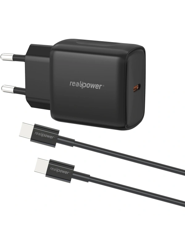 Realpower PPS 25W USB-C PD Hızlı Şarj Adaptörü Şarj Aleti ve USB-C to USB-C Hızlı Şarj Kablo Seti Siyah TCS25WBK