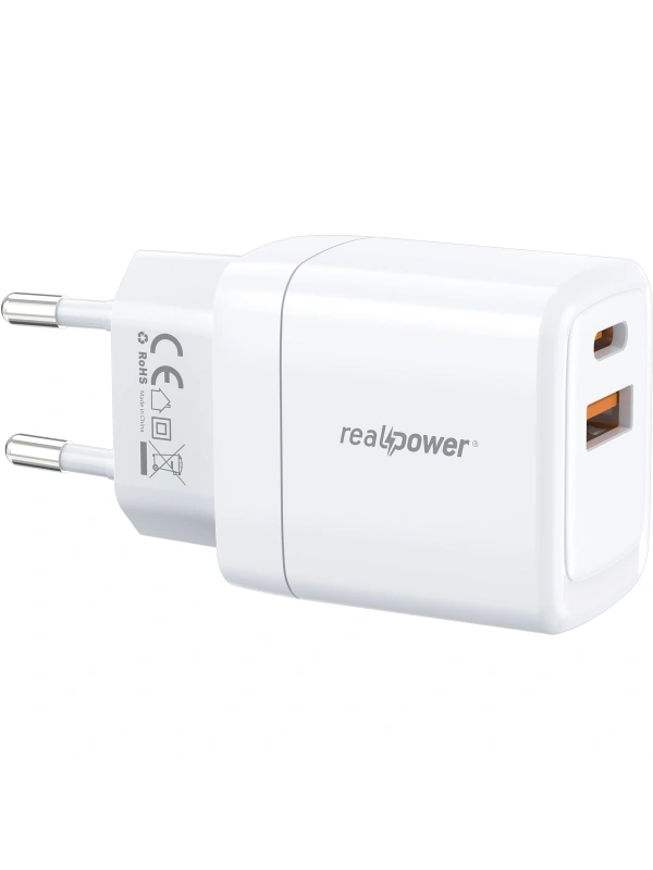 Realpower 35W GaN USB-C ve USB-A Çift Çıkışlı PD Hızlı Şarj Adaptörü Şarj Aleti Beyaz TC35WWH2