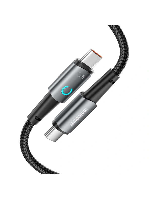 Realpower 60W USB-C to USB-C Örgülü Hızlı Şarj ve Data Kablosu 1 Metre Gri CA-60WCCGR
