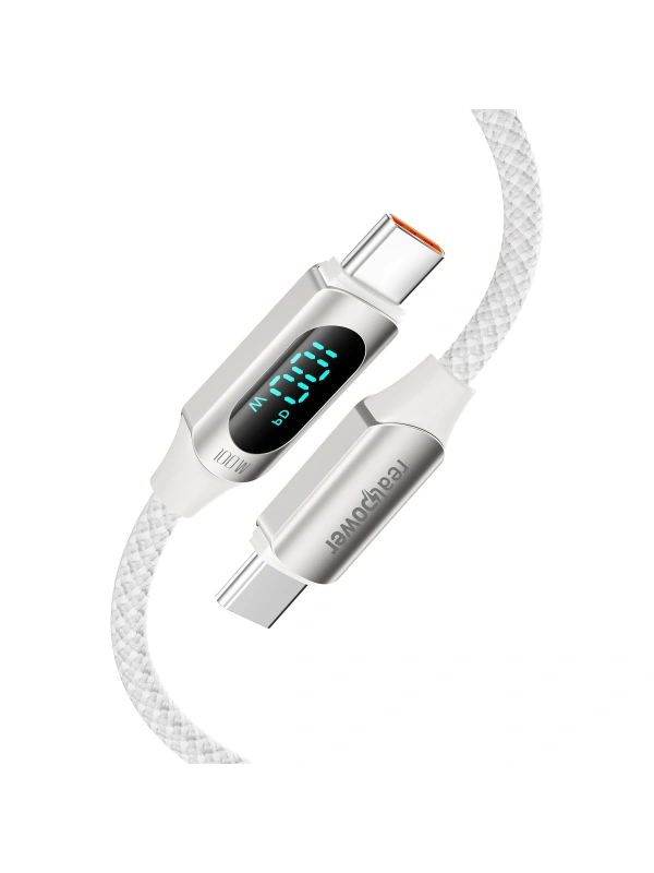 Realpower 100W USB-C to USB-C Dijital Göstergeli Örgülü Hızlı Şarj ve Data Kablosu 1 Metre Beyaz CA-100WCCWH