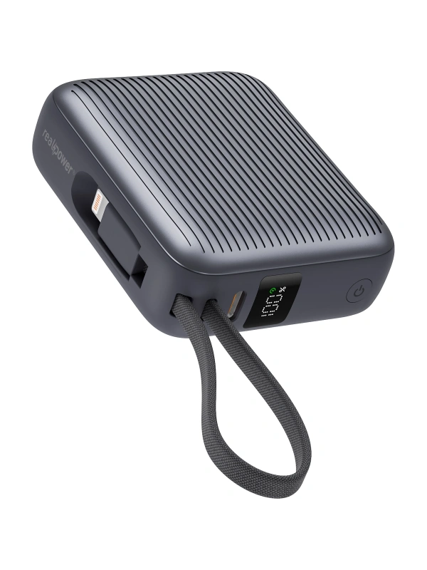 Realpower 10000mAh 22.5W Hızlı Şarj Powerbank Gri Dahili Kablolu Taşınabilir Şarj Cihazı LED Göstergeli PB10KGR