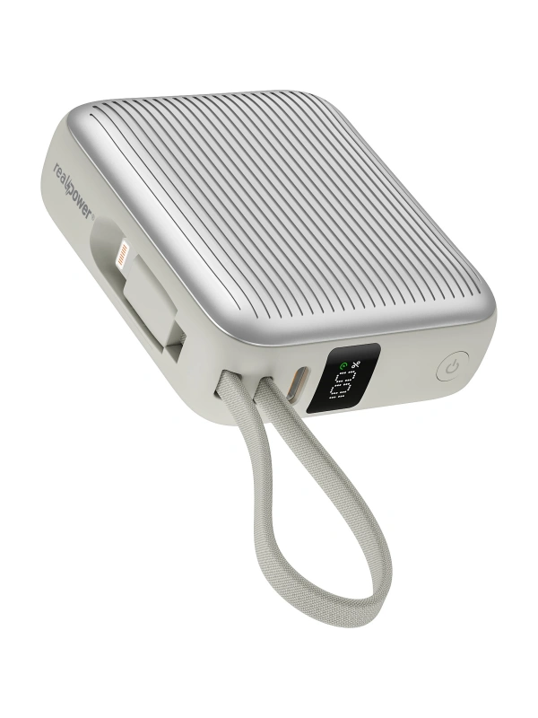 Realpower 10000mAh 22.5W Hızlı Şarj Powerbank Silver Dahili Kablolu Taşınabilir Şarj Cihazı LED Göstergeli PB10KSL