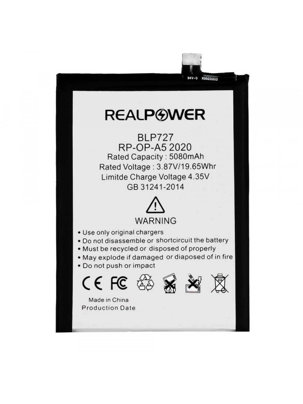 RealPower Oppo Uyumlu A5 2020 Batarya 5080mAh Li-Polymer Uzun Ömürlü Pil