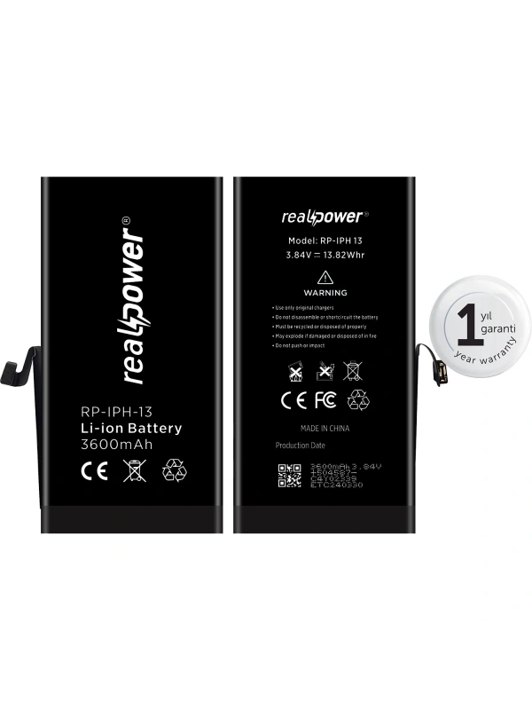 RealPower Apple Uyumlu iPhone 13 Batarya 3600mAh Yüksek Kapasiteli Güçlendirilmiş Pil