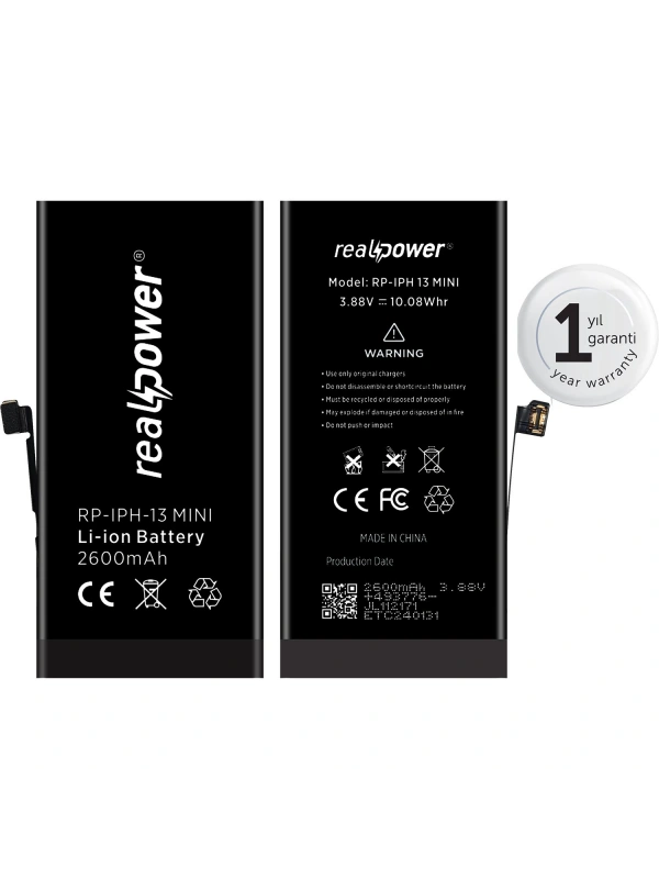 RealPower Apple Uyumlu iPhone 13 Mini Batarya 2600mAh Yüksek Kapasiteli Güçlendirilmiş Pil
