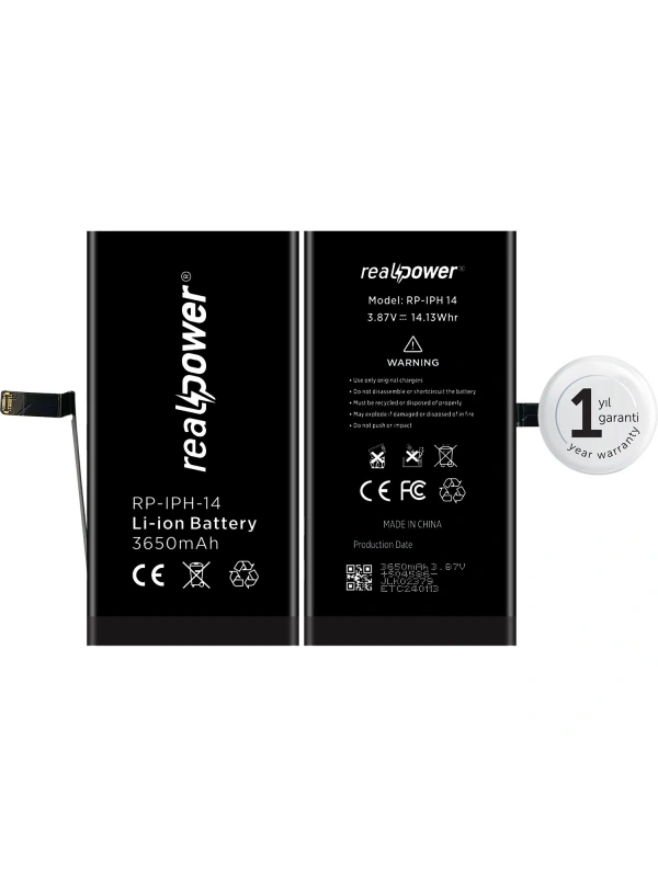 RealPower Apple Uyumlu iPhone 14 Batarya 3650mAh Yüksek Kapasiteli Güçlendirilmiş Pil