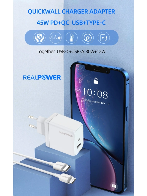 Realpower 45W GaN USB-C PD Hızlı Şarj Adaptörü Şarj Aleti Siyah RP-CG45B