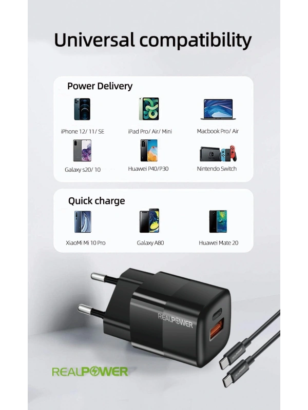 Realpower 33W GaN USB-C PD Hızlı Şarj Adaptörü Şarj Aleti ve USB-C to USB-C Kablo Seti Siyah RP-CG33CB