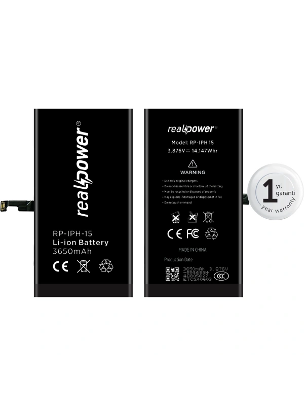 RealPower Apple Uyumlu iPhone 15 Batarya 3650mAh Yüksek Kapasiteli Güçlendirilmiş Pil